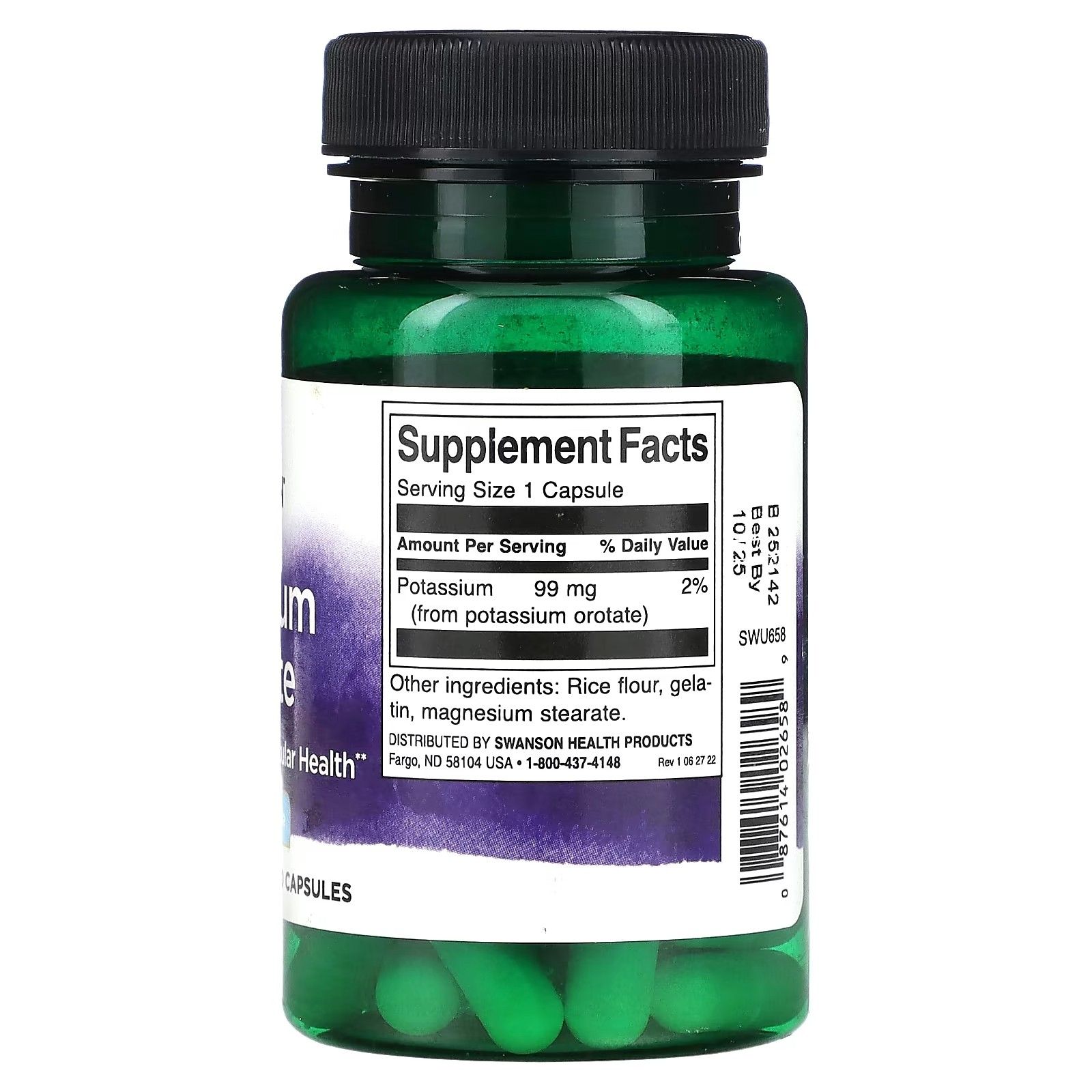 Retro di un flacone verde con tappo nero. Etichetta con "Supplement Facts", "Potassium 99 mg", "60 Capsules".