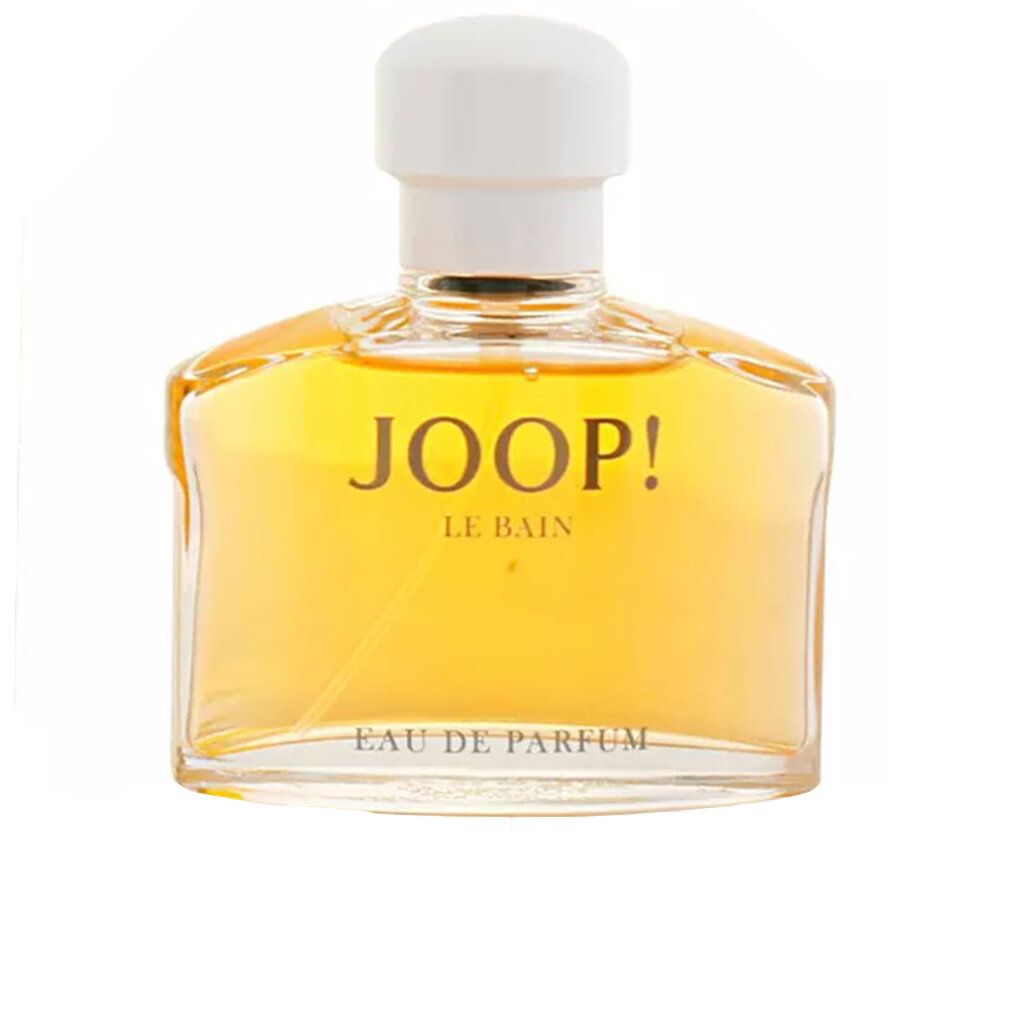Flacone di Joop! Le Bain Eau de Parfum. Flacone quadrato in vetro con tappo bianco. Liquido giallo visibile. Scritta JOOP! e Le Bain.