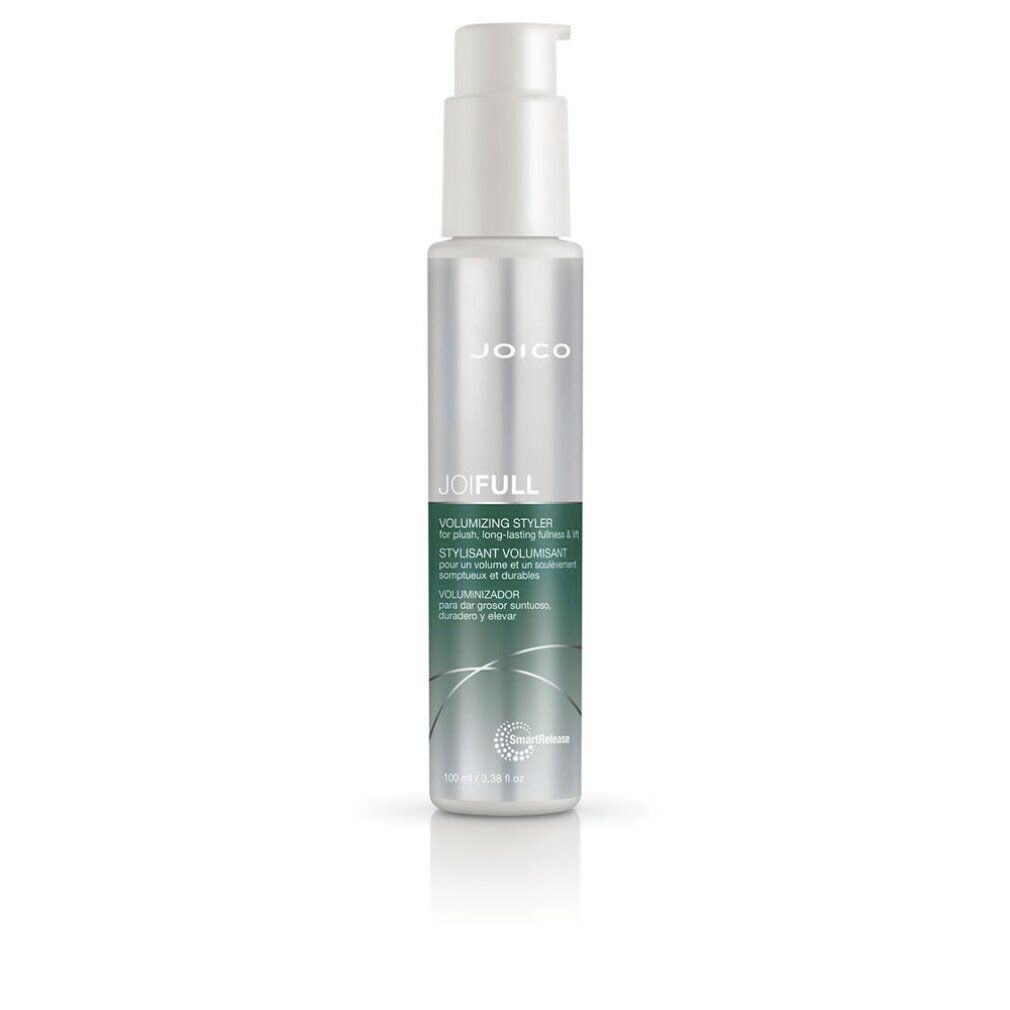 Flacone argento con erogatore bianco. Logo JOICO e nome prodotto JOIFULL. Testo: Volumizing Styler. Dettagli etichetta verde e bianca.