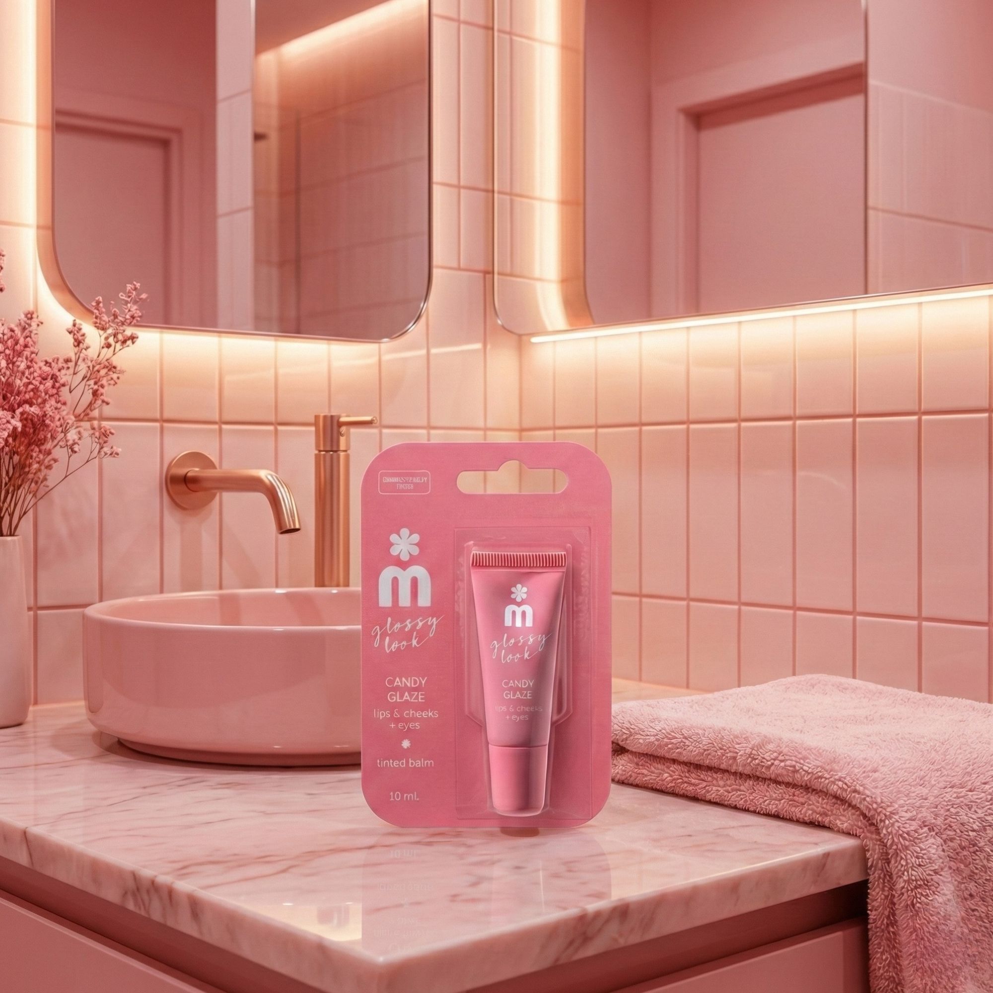 Confezione rosa con tubo. Nome del prodotto: Candy Glaze, per labbra, guance e palpebre. Sfondo bagno.