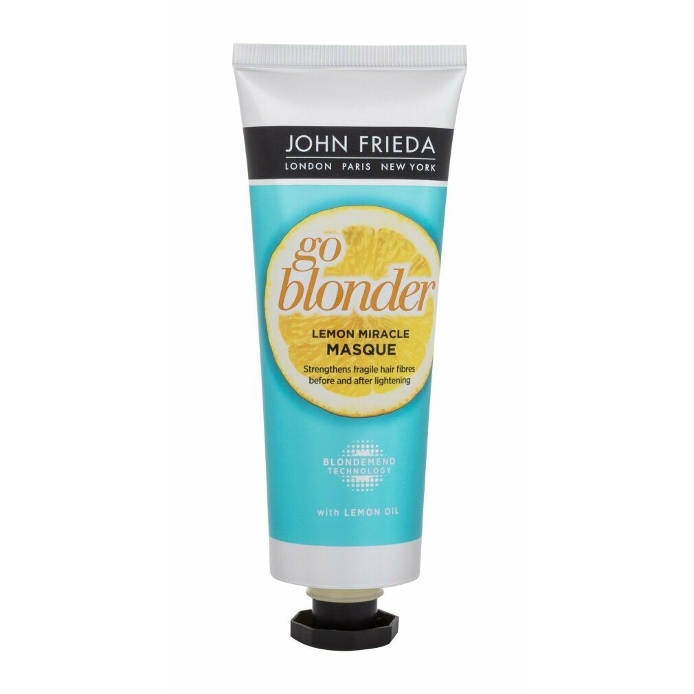 Tubo John Frieda Go Blonder Lemon Miracle Masque. Design turchese e bianco con limone. Testo: Lemon Miracle Masque.