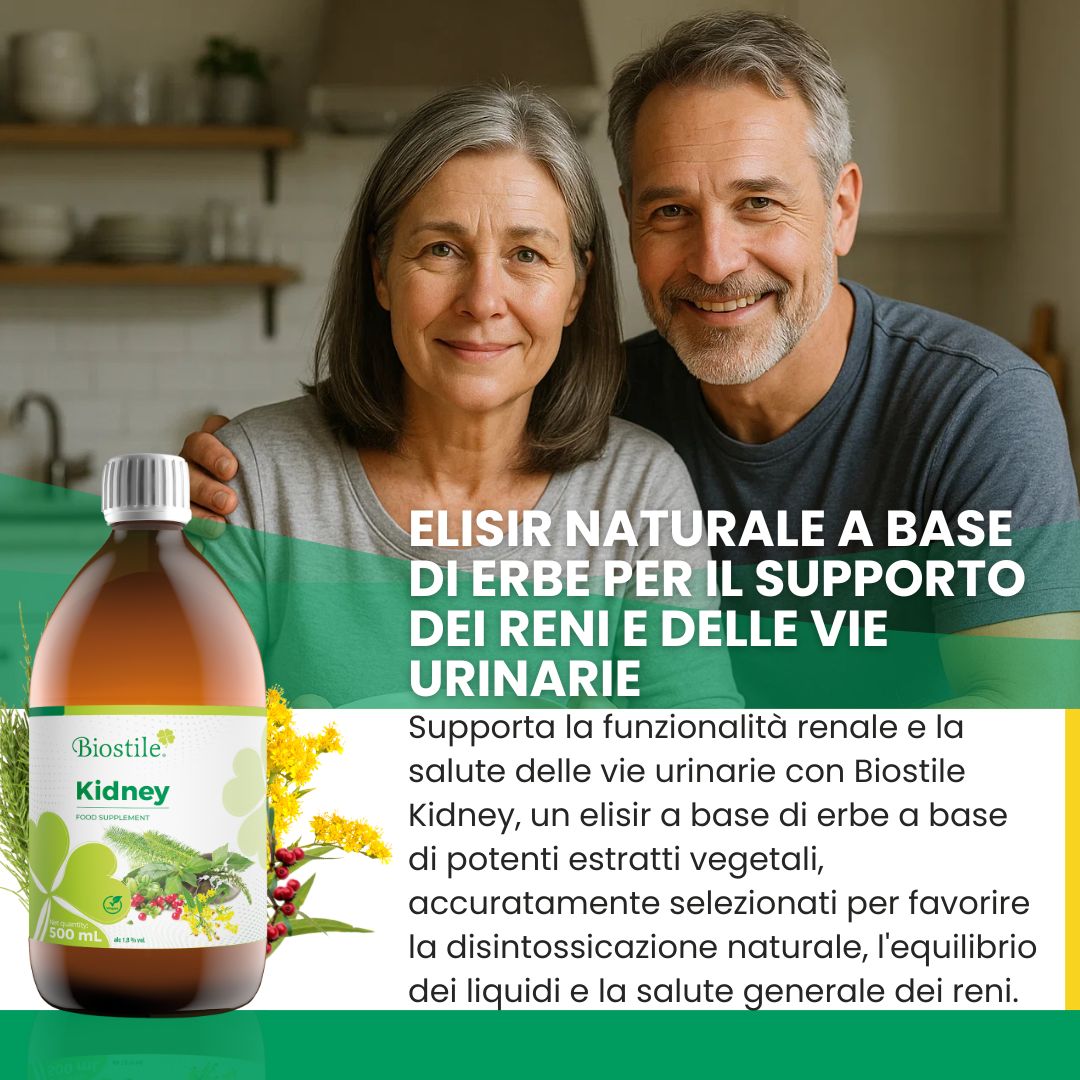 Coppia anziana con bottiglia 'Biostile Kidney'. Testo: 'Elixir naturale a base di erbe per il supporto dei reni e delle vie urinarie'.