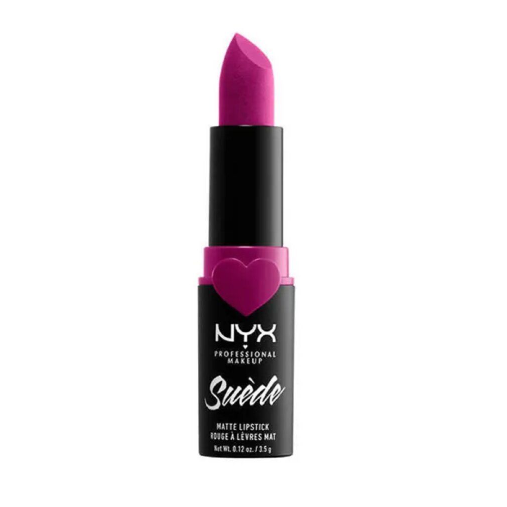 NYX Suede Matte Lipstick color Copenhagen. Tonalità viola-rosa, finitura opaca.