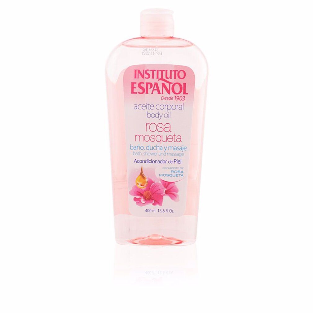 Olio corpo Rosa Mosqueta di Instituto Español. Flacone trasparente con etichetta rosa. Testo: Aceite corporal, baño ducha y masaje.