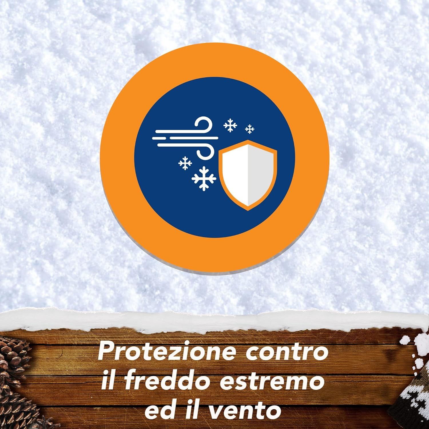 Simbolo con vento e fiocchi di neve e scudo. Testo: Protezione contro il freddo estremo e il vento.