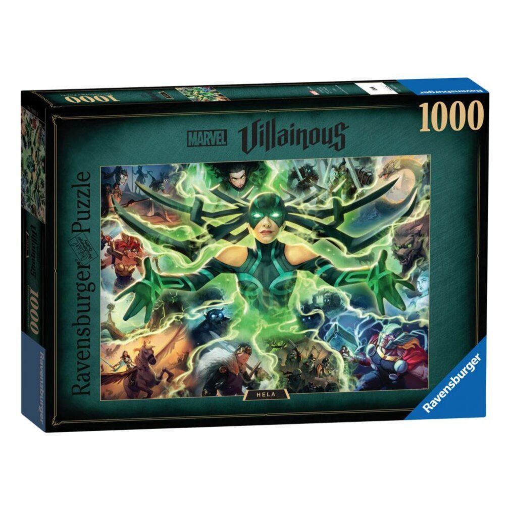 Scatola puzzle Marvel Villains Hela. 1000 pezzi. Hela con effetti verdi. Logo Ravensburger.