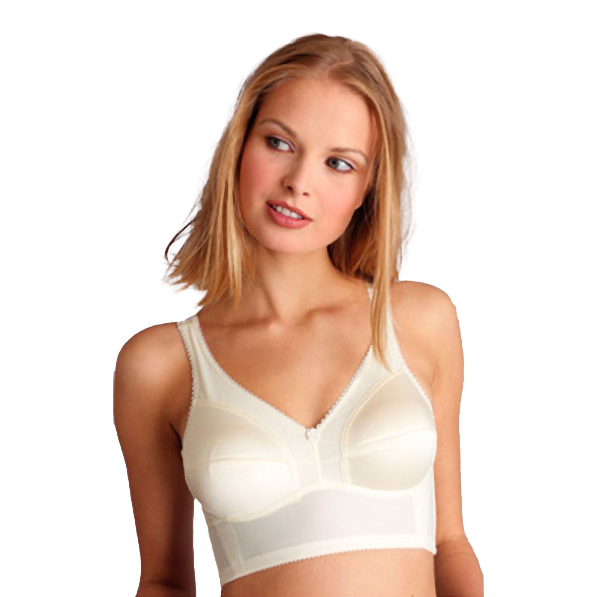 Reggiseno di supporto in raso beige, coppa C, con fascia alta sotto il seno. Spalline larghe, bordi in pizzo. Donna che indossa il reggiseno.