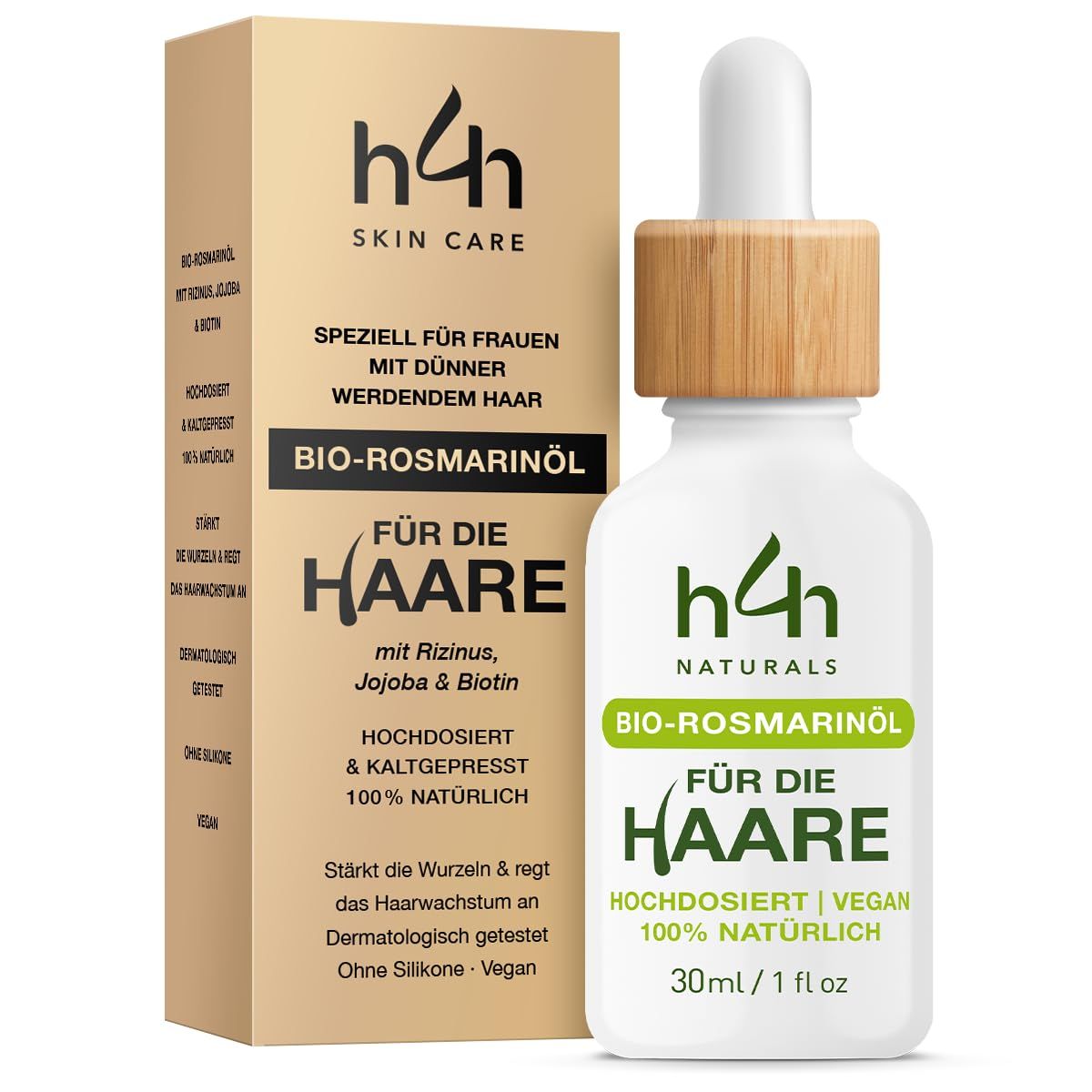 H4H Naturals® Olio Capelli Bio al Rosmarino con Ricino, Canapa e Cocco