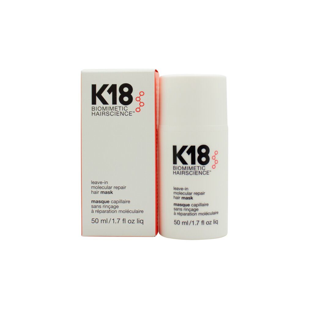 Confezione del prodotto con flacone e scatola. Logo K18 e testo. Contiene "leave-in molecular repair hair mask". Volume: 50ml / 1.7 fl oz.