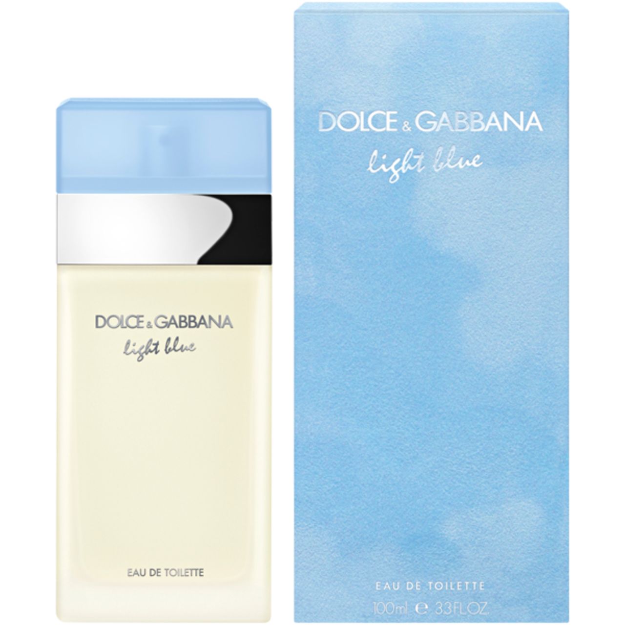 Flacone e confezione Dolce & Gabbana Light Blue. Tappo azzurro, anello argentato, liquido trasparente. Eau de Toilette.