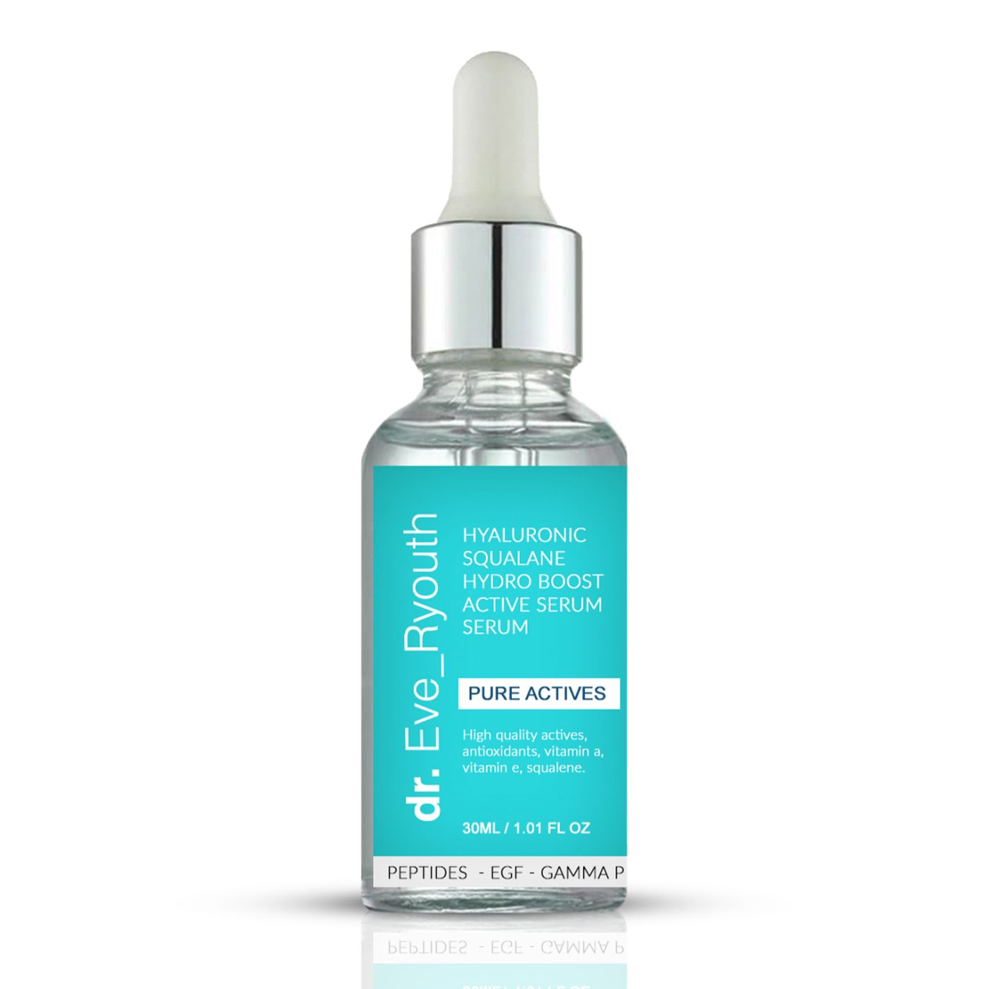 Siero Dr. Eve Ryouth Acido Ialuronico Squalano Hydro Boost in flacone di vetro con contagocce. Contiene acido ialuronico, antiossidanti, vitamine A, E, squalano.