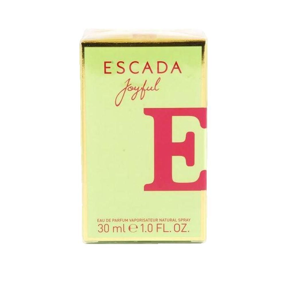 Scatola verde con scritta ESCADA Joyful. Lettera E rossa. 30 ml, 1.0 FL. OZ.