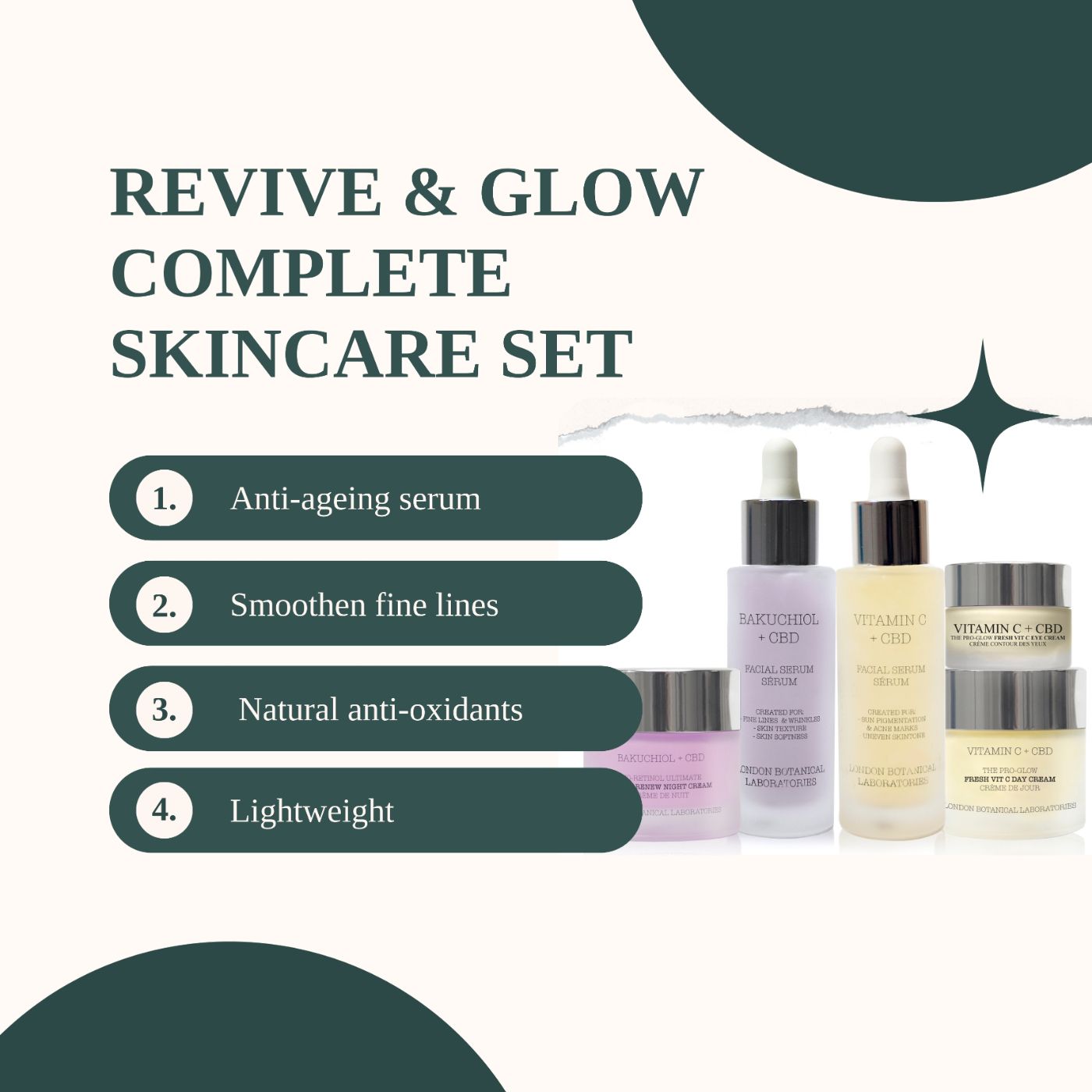 Set per la cura del viso con flaconi e vasetti. Siero e crema Bakuchiol + CBD, siero e crema Vitamina C + CBD. Coperchi argentati.