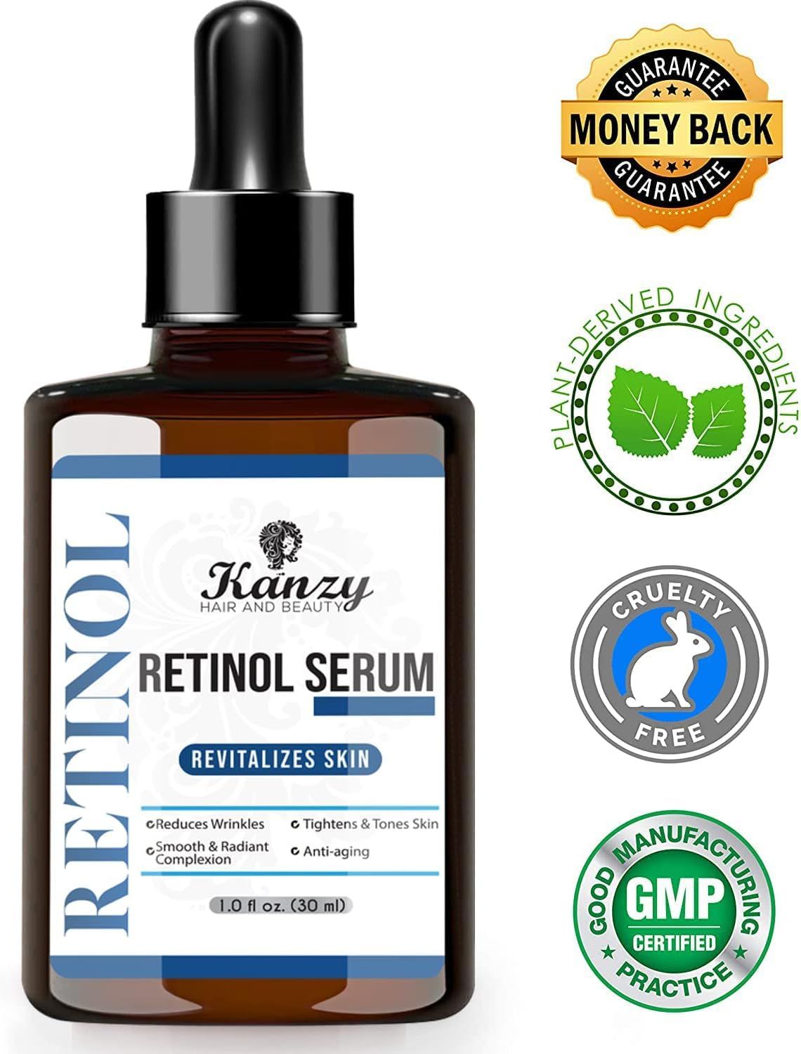 Flacone di vetro marrone di siero al retinolo. Scritte: KANZY, Retinol Serum, Rivitalizza la pelle. Con contagocce. Sigilli: garanzia di rimborso, cruelty-free, GMP.