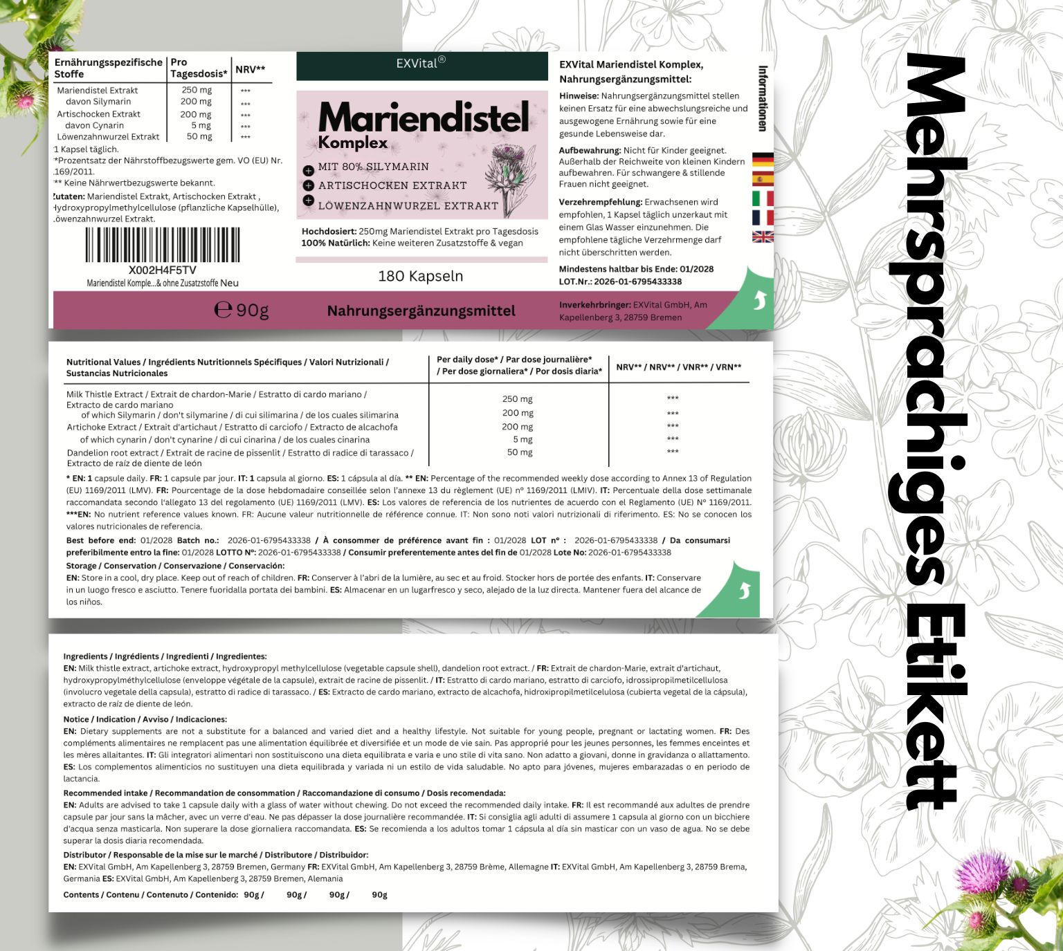Etichetta con testo in più lingue. Complesso di cardo mariano. 180 capsule. Integratore alimentare. Etichetta multilingue.