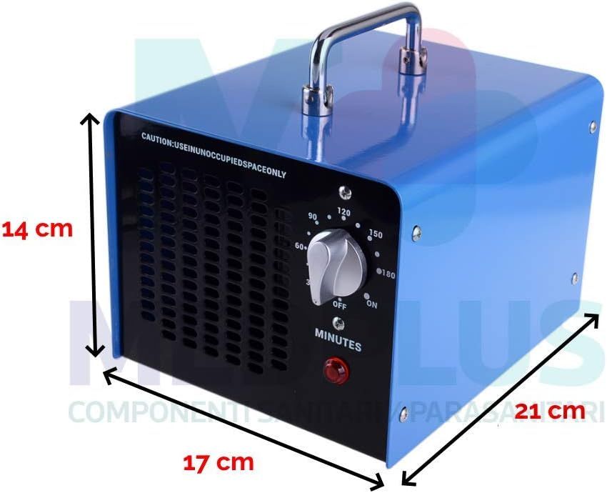 Purificatore d'aria blu rettangolare con maniglia, pannello di controllo e fessure di ventilazione. Dimensioni: 17x21x14 cm.