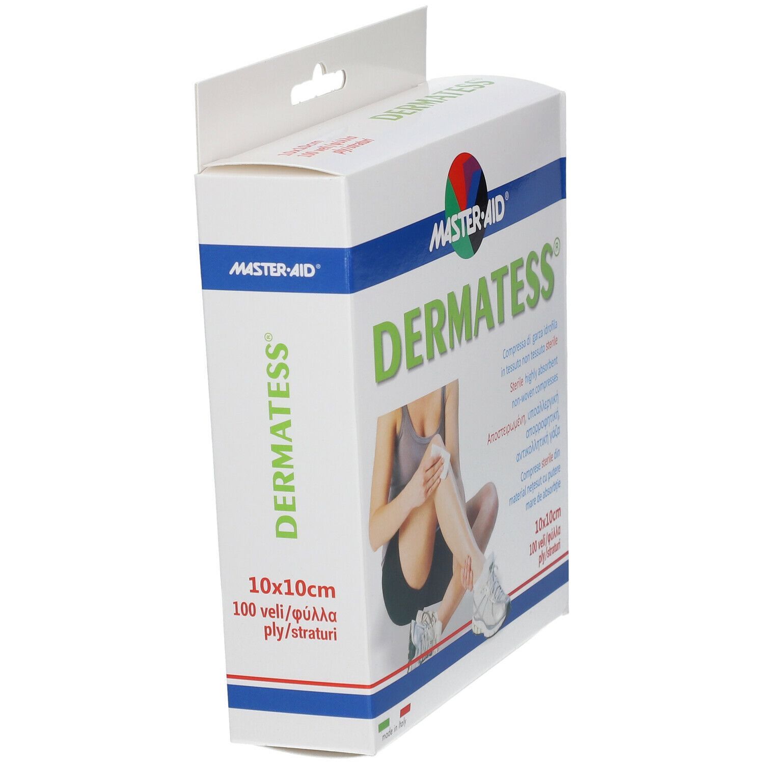 Confezione di Dermatess® Garza in Tessuto 10x10cm. Contiene 100 compresse sterili. Marchio: Master-Aid.