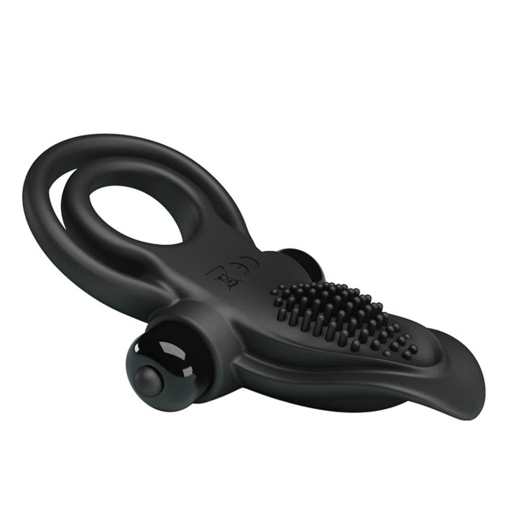 Anello penieno nero con due anelli e stimolatore. Marchio CE visibile.