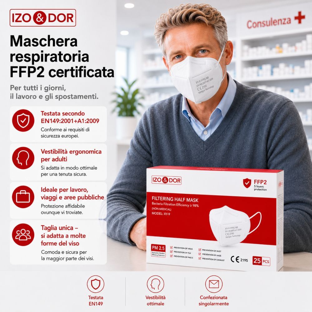 Confezione di maschere FFP2 bianche per 25 pezzi, certificate CE, 5 strati, efficienza di filtrazione >98%.