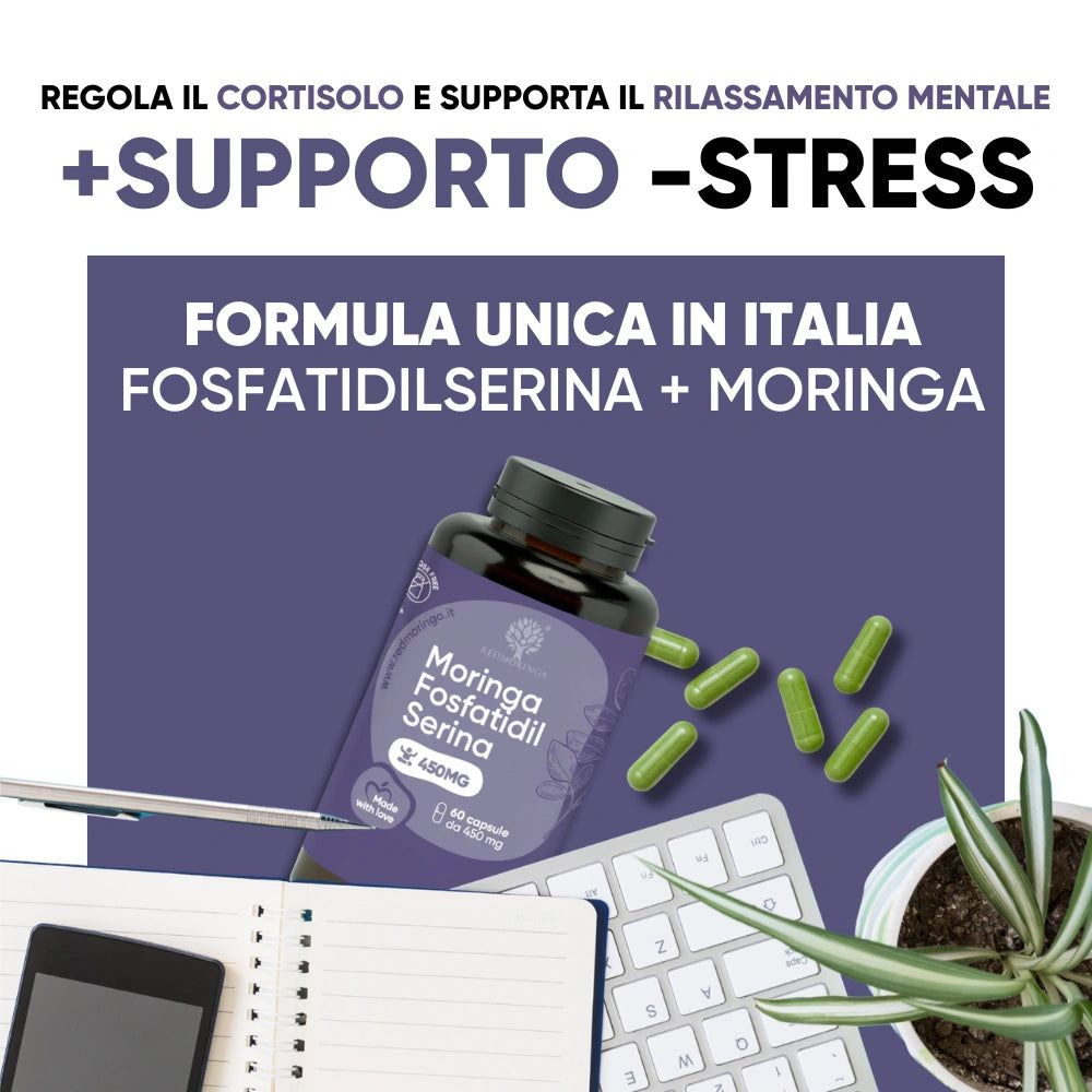Flacone di capsule e capsule verdi. Etichetta viola con Moringa Fosfatidil Serina. Testo: Regola il cortisolo e supporta il rilassamento mentale.
