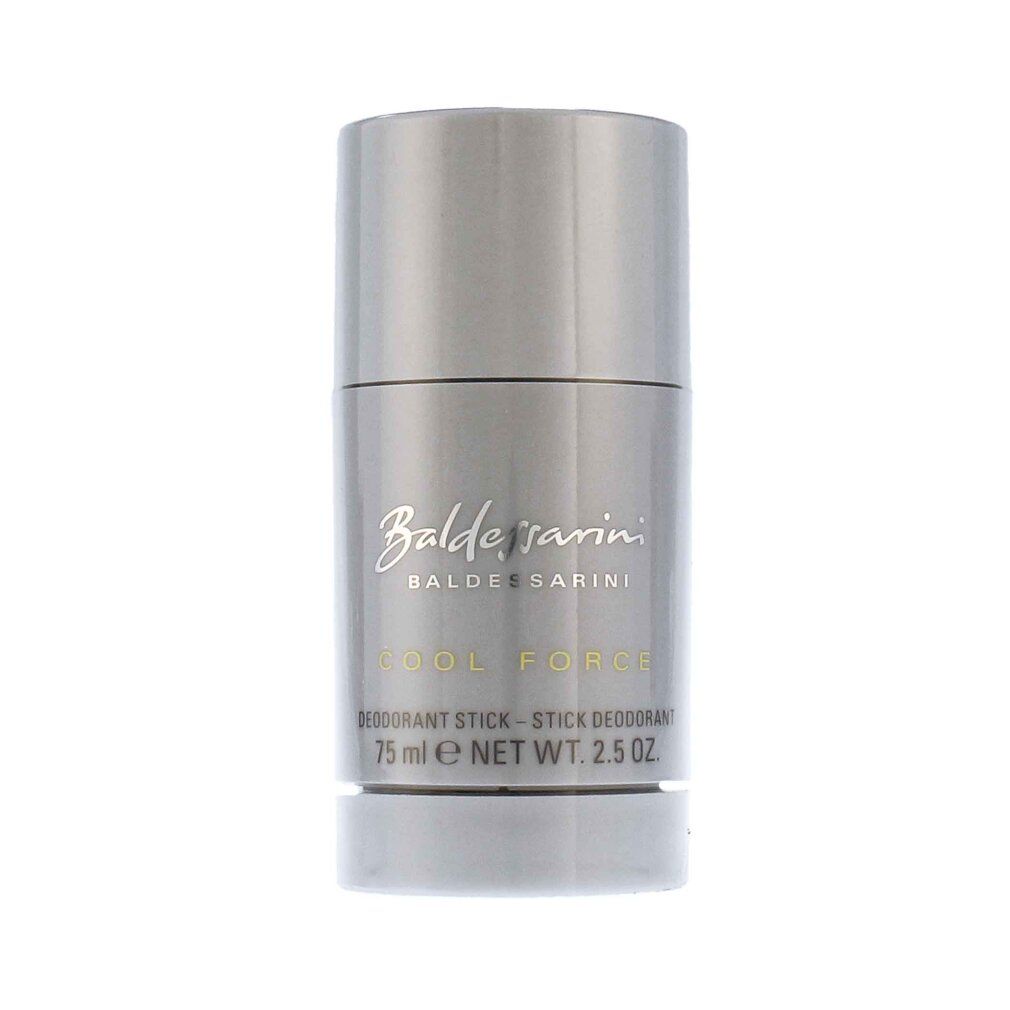 Stick deodorante argentato. Scritta 'Baldessarini' e 'Cool Force'. Indicazione 'Deodorant Stick'. 75ml.