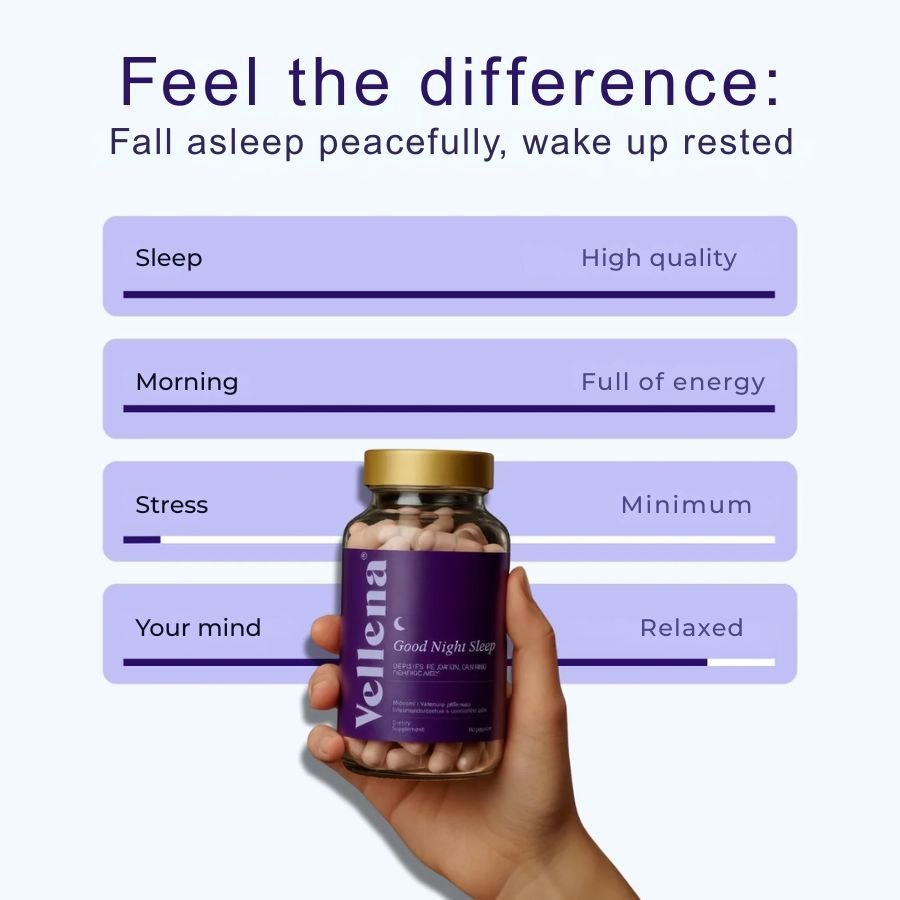 Mano che tiene un flacone di capsule. Etichetta viola con testo: Vellena, Good Night Sleep. Confronto: sonno, mattina, stress, mente.