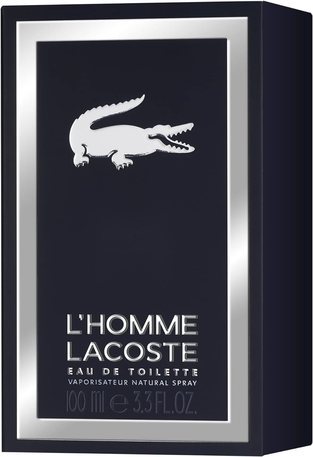 Confezione nera L'Homme Lacoste. Cornice argentata, logo coccodrillo bianco. Testo: L'HOMME LACOSTE, Eau de Toilette.