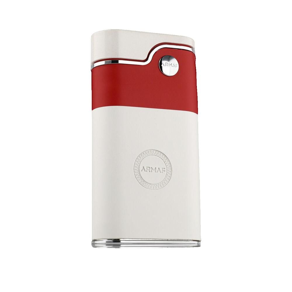 Flacone bianco e rosso con dettagli argentati. Bianco sopra e sotto, rosso al centro. Logo rotondo con scritta.