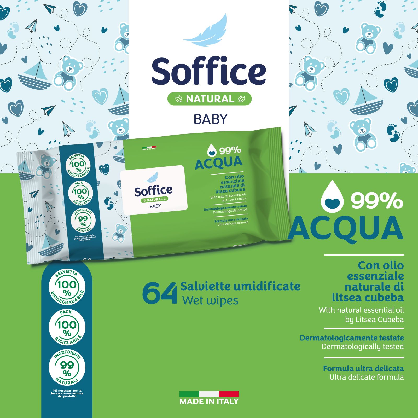Soffice Natural Baby Salviette 99% Acqua - 12x64