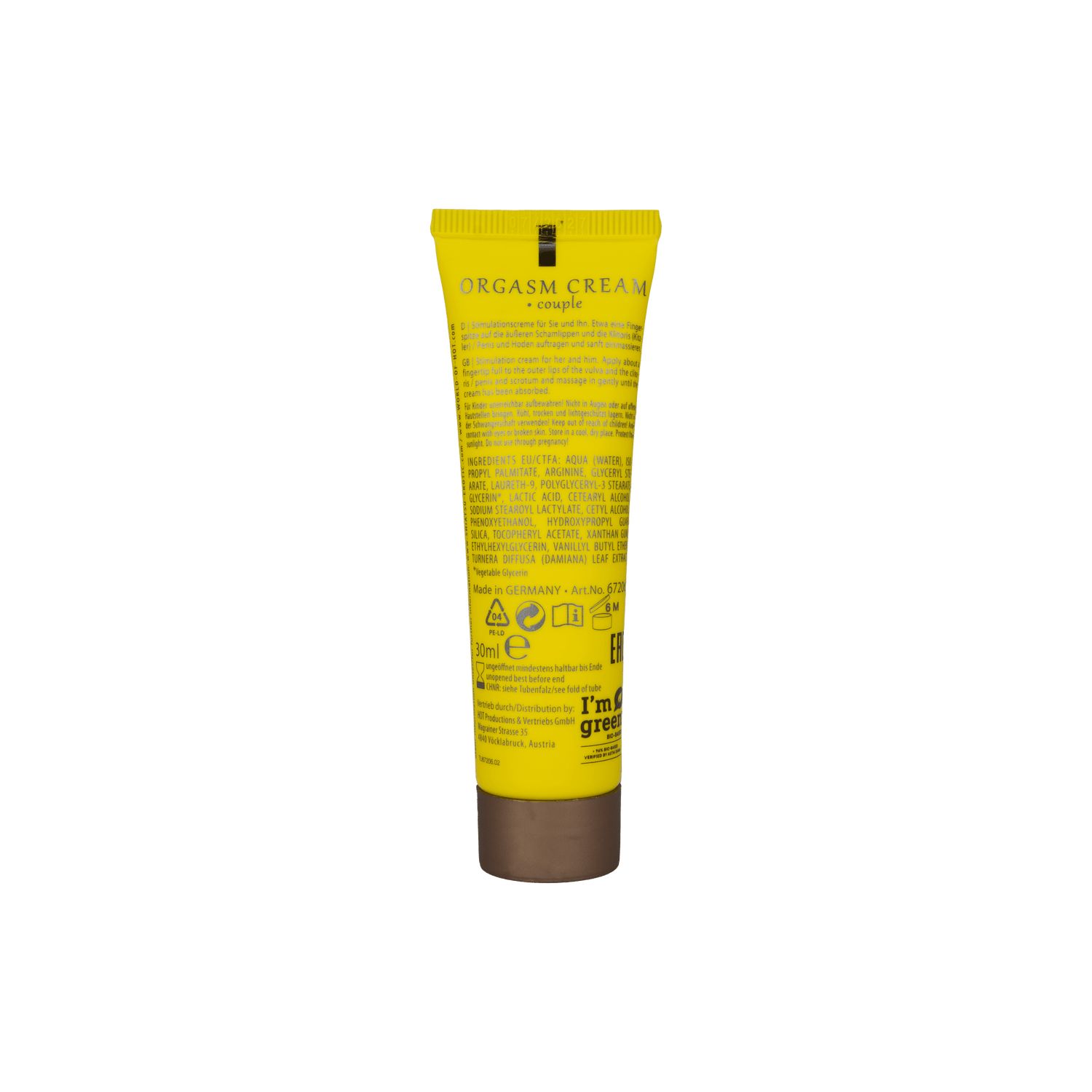 Fronte della confezione gialla per crema orgasmo con logo e indicazione 30 ml.