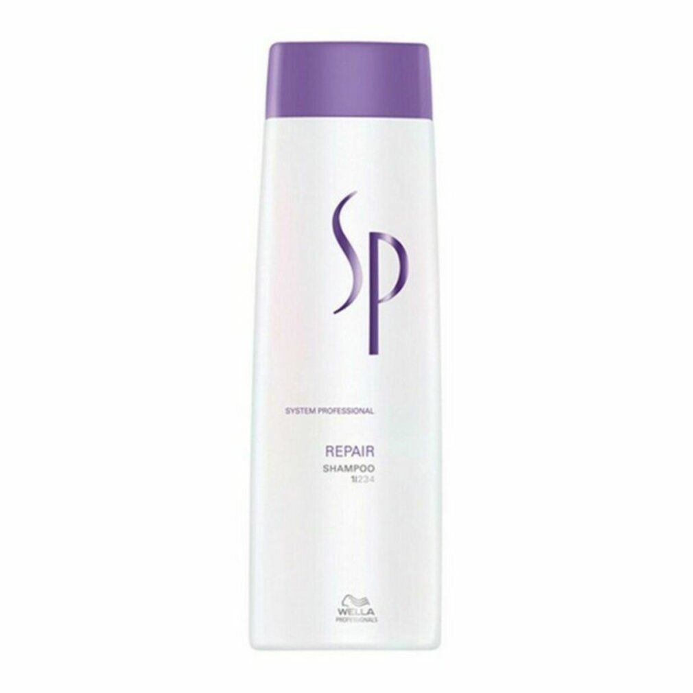 Flacone di shampoo bianco con tappo viola. Logo SP e scritta Repair.