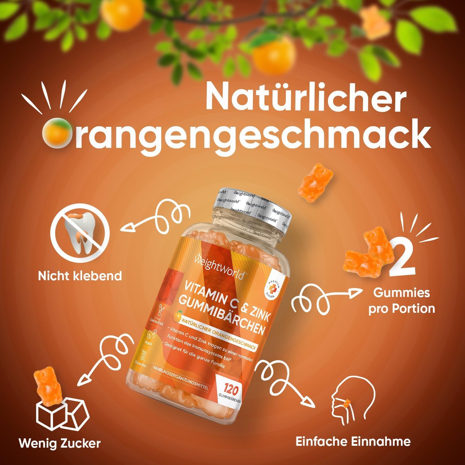 Weightworld Vitamin C & Zink Gummibärchen. Bottiglia, caramelle gommose, testo. 120 caramelle gommose. Poco zucchero, facile assunzione.