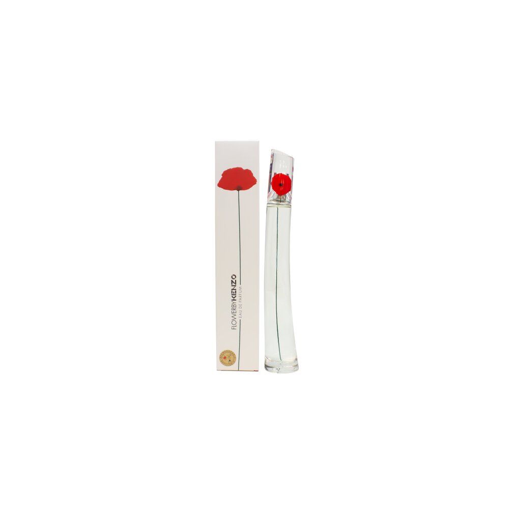 Flacone di profumo e confezione. Flacone con fiore rosso. Confezione bianca con fiore rosso e testo.