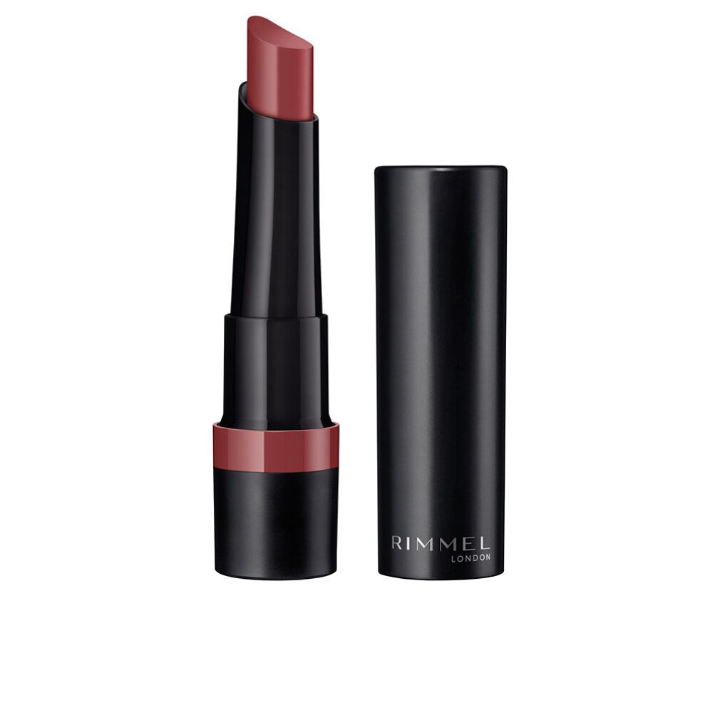 Rossetto rosa-marrone con cappuccio nero aperto. Il tubo nero riporta la scritta Rimmel London.