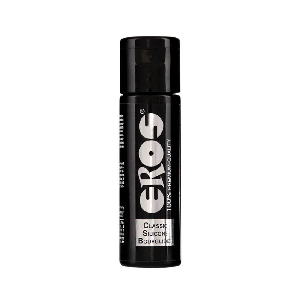 Flacone nero con logo EROS e scritta 'Classic Silicone Bodyglide'.