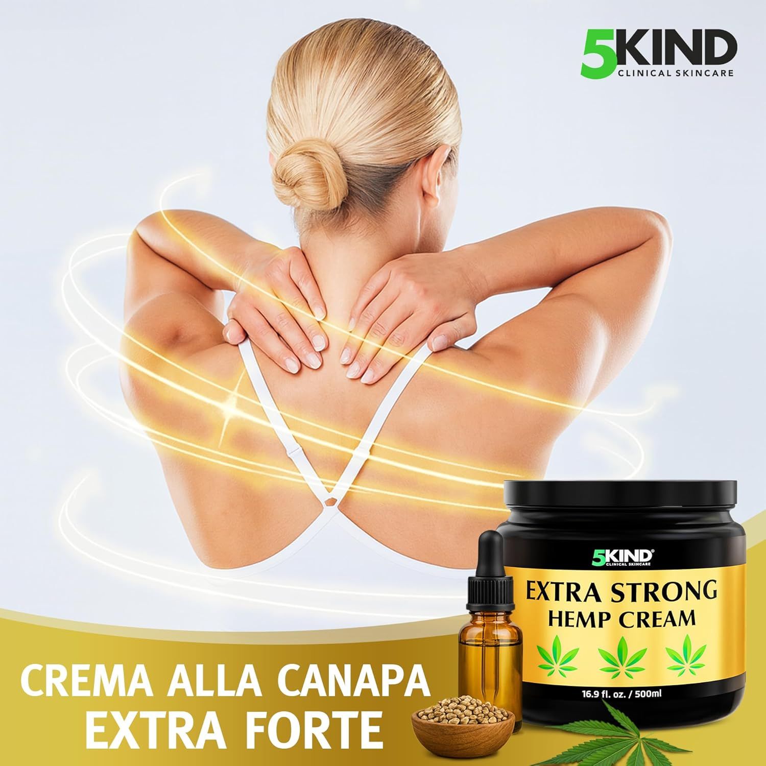 Vaso nero con etichetta dorata. Scritta: EXTRA STRONG HEMP CREAM. Tre foglie di cannabis. 16,9 fl. oz. / 500 ml. Immagine di olio e flacone.