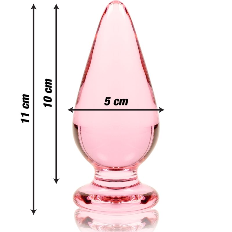 Plug anale in vetro rosa con base larga, lungo 11 cm, largo 5 cm.