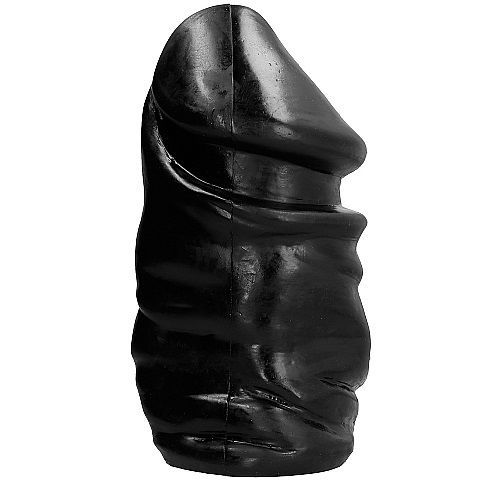 Dildo nero con texture a coste, visto di lato.
