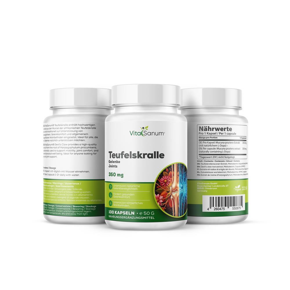Tre flaconi di capsule. Scritta: VitaSanum Teufelskralle, 350 mg. Illustrazione di un'articolazione. 100 capsule. Informazioni nutrizionali.