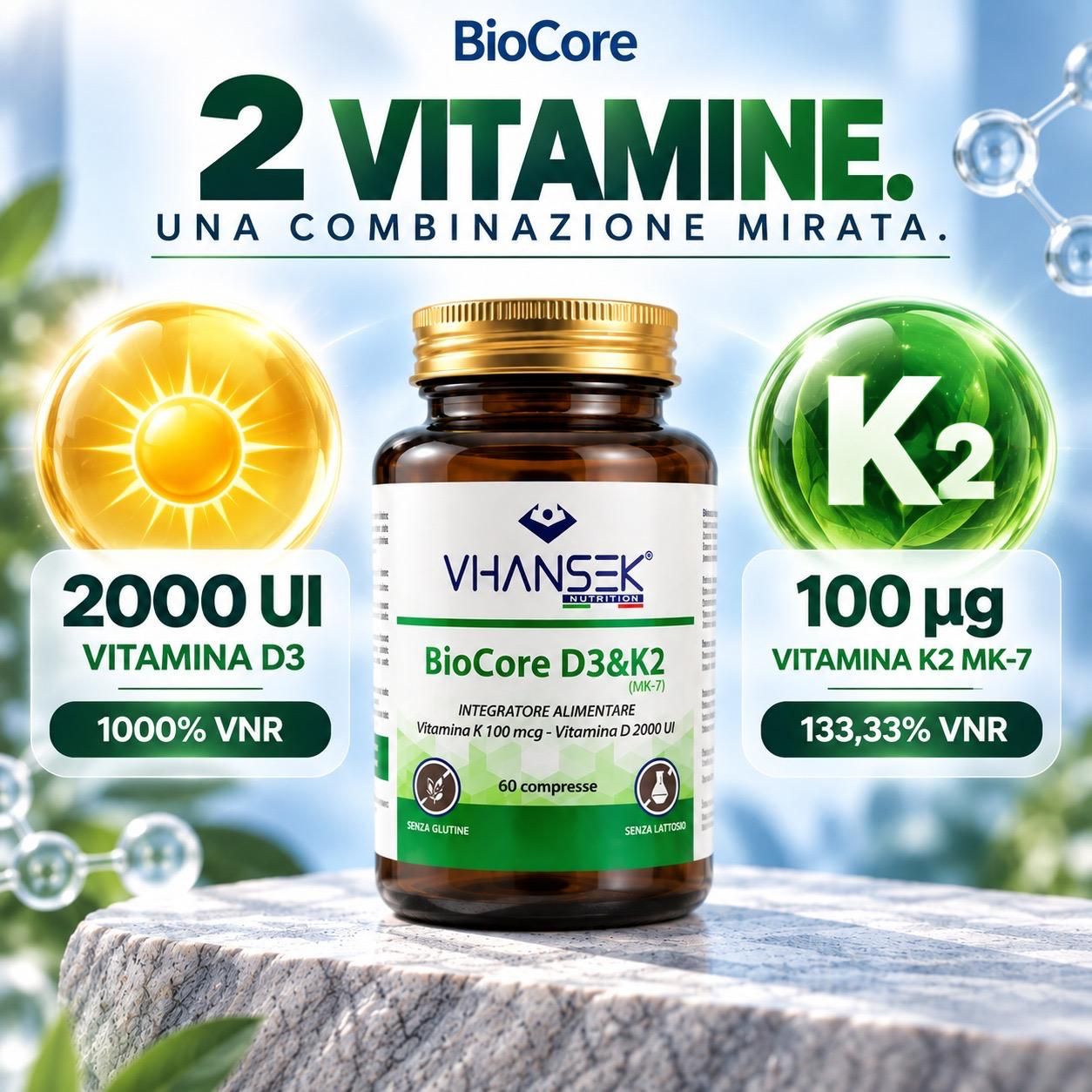Integratore alimentare BioCore D3 & K2 in flacone di vetro marrone con tappo dorato. Contiene 2000 UI di Vitamina D3 e 100 µg di Vitamina K2 MK-7.