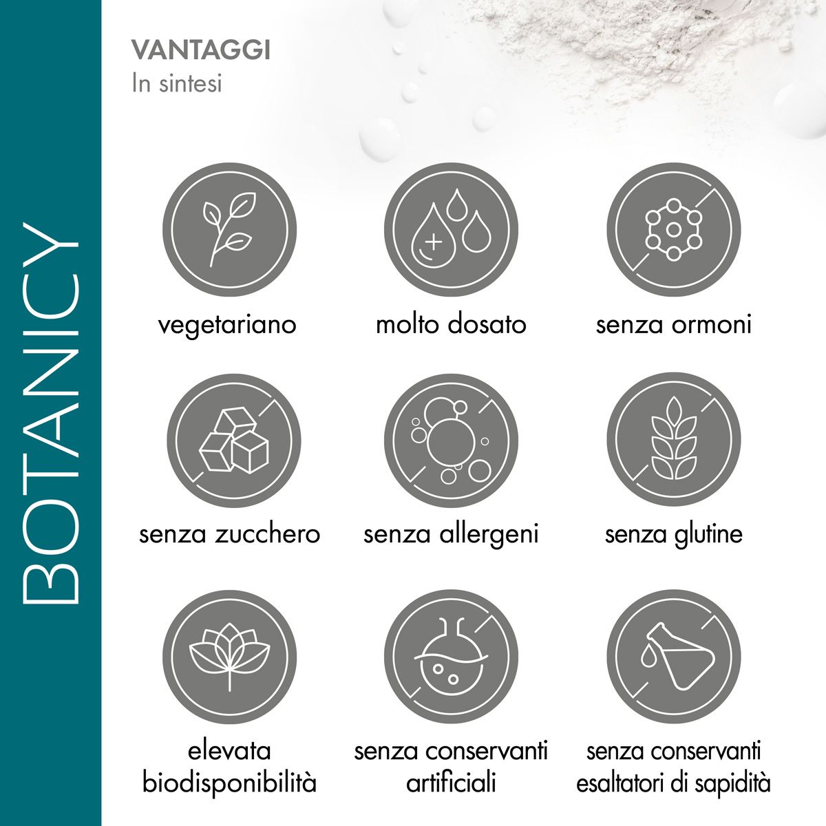 Infografica. Vantaggi: vegetariano, altamente dosato, senza ormoni, senza zucchero, senza allergeni, senza glutine.