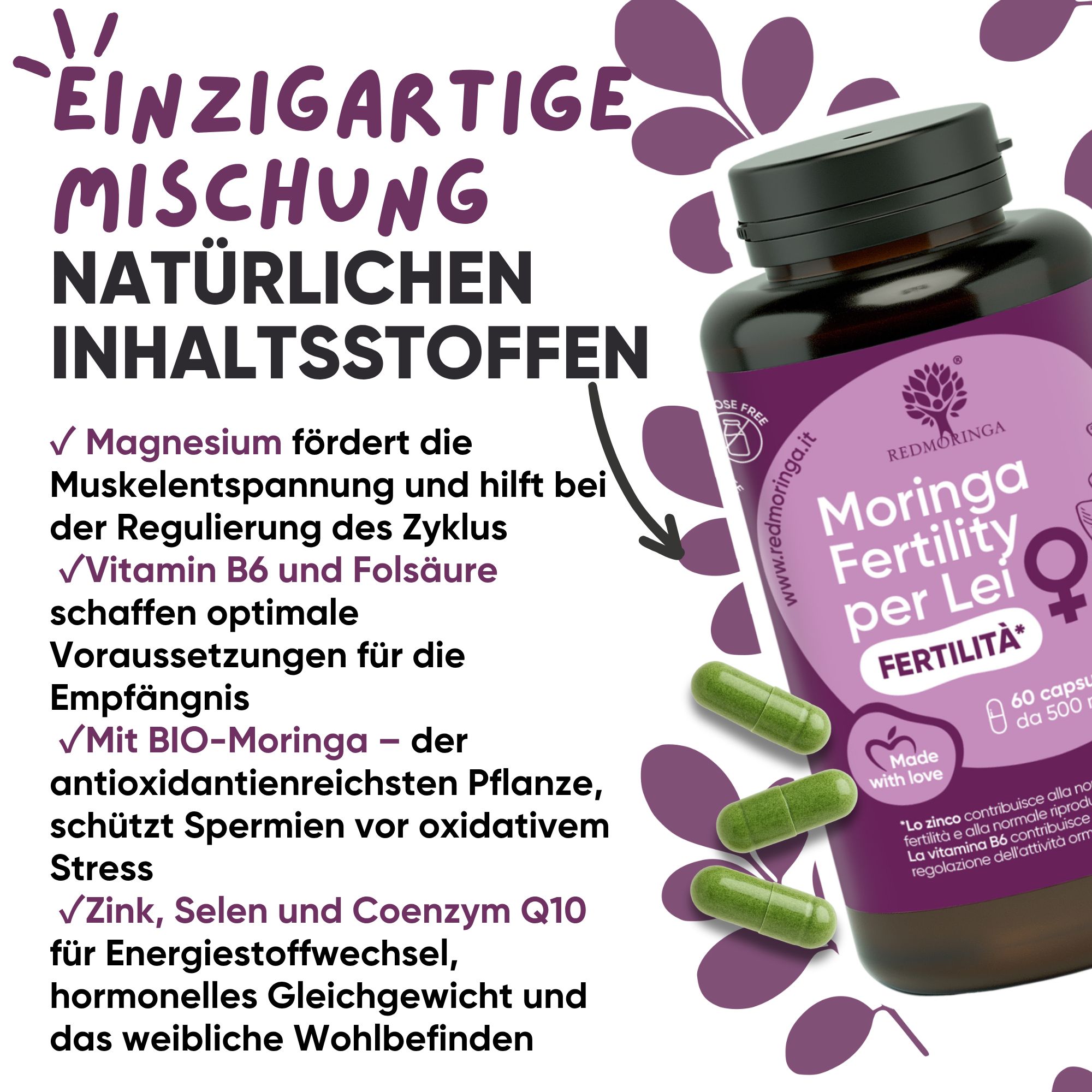 Bottiglia "Moringa Fertility per Lei" con ingredienti come magnesio, vitamina B6, acido folico.