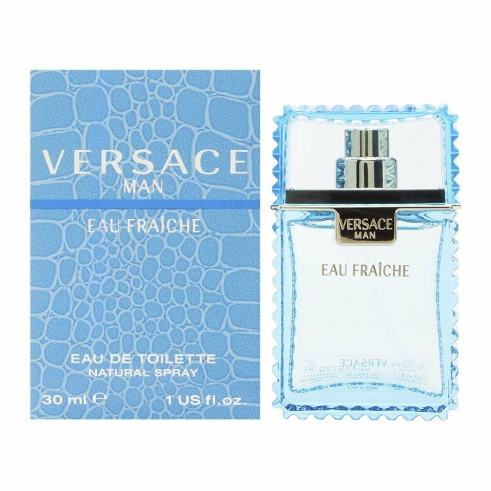 Flacone e confezione Versace Man Eau Fraiche. Confezione blu con motivo coccodrillo.