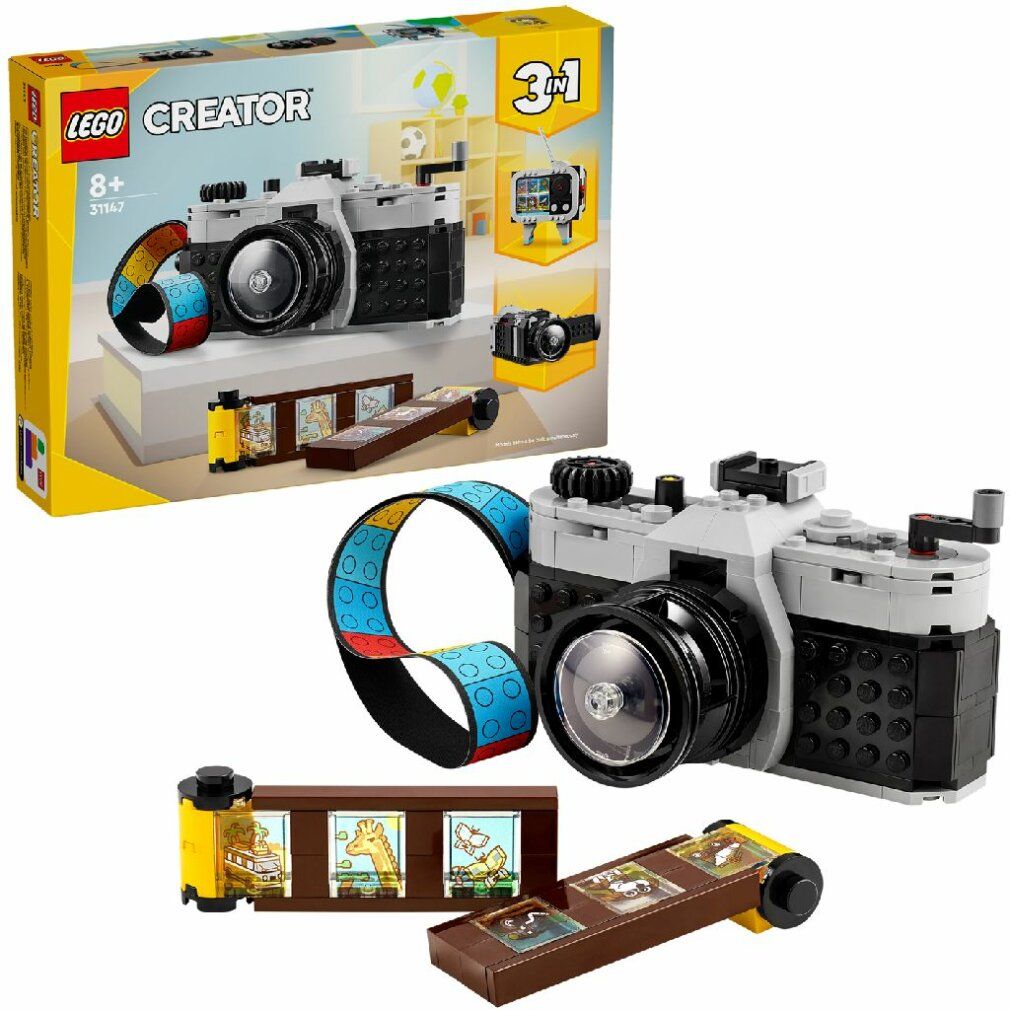 LEGO Creator 3 in 1 Fotocamera retrò. Fotocamera grigia e nera con striscia di pellicola e confezione. Funzione 3 in 1.