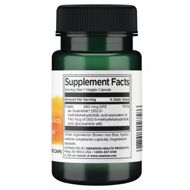 Retro di un flacone verde con tappo nero. Etichetta con informazioni nutrizionali e ingredienti. Marchio SWANSON.