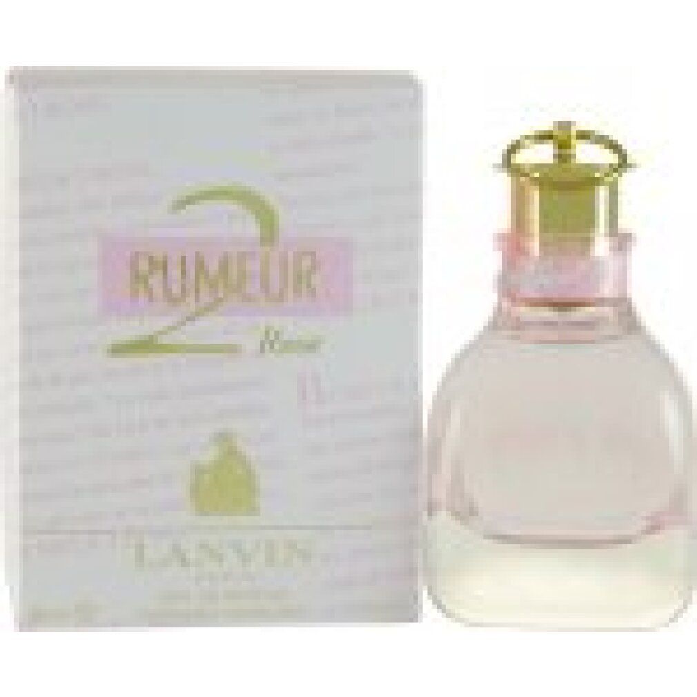Flacone rosa e scatola. Scritta: Rumeur 2 Rose, Lanvin. Flacone con tappo dorato.