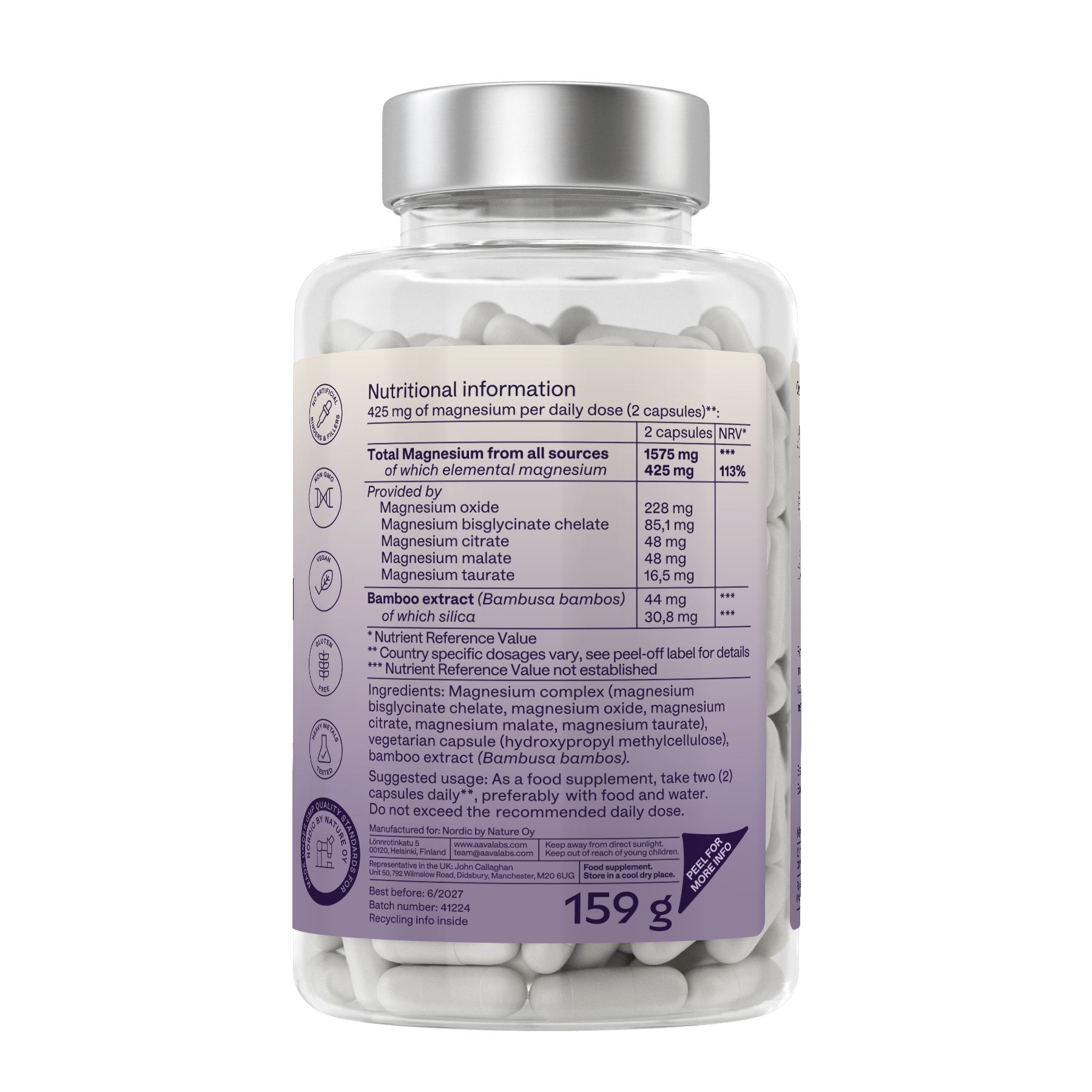 Retro di un flacone di capsule. Contiene informazioni sugli ingredienti e sui valori nutrizionali.