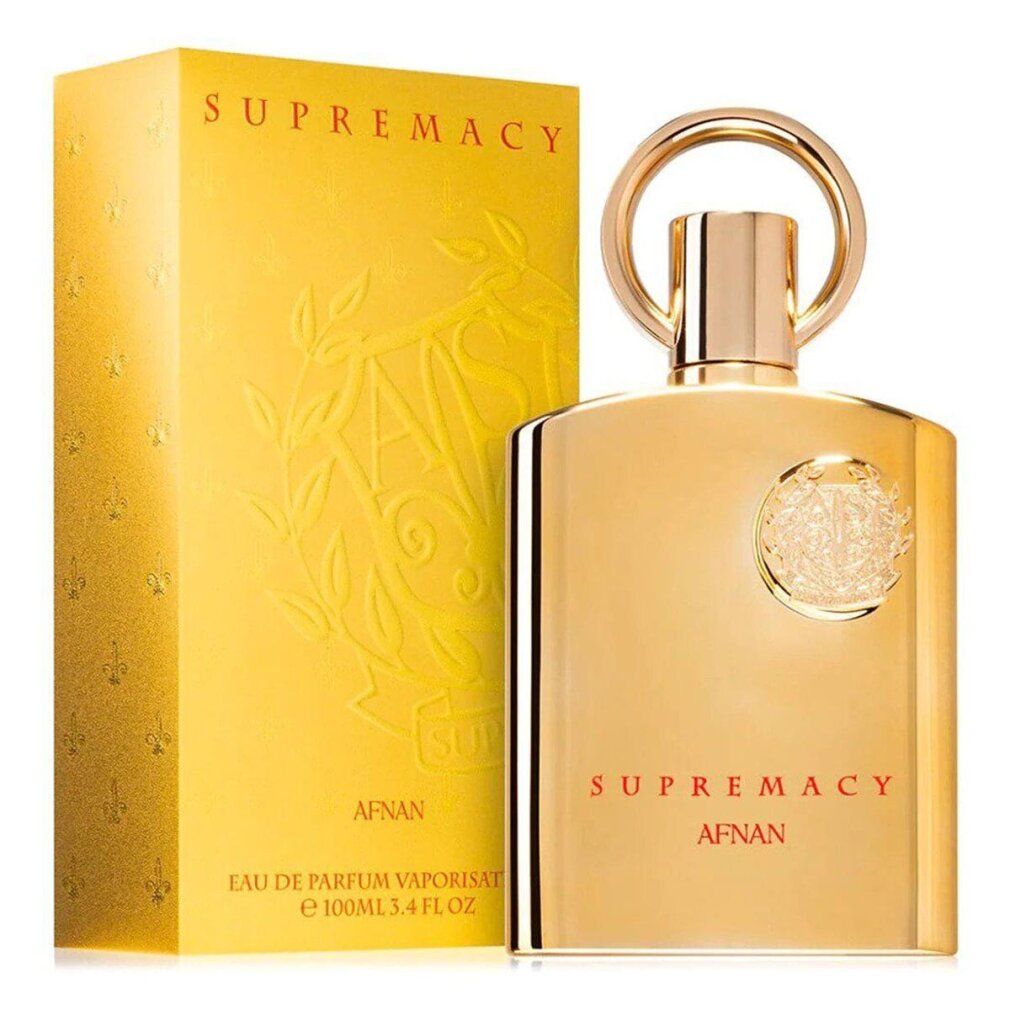 Flacone e confezione di profumo dorati con il nome 'Supremacy Afnan'.