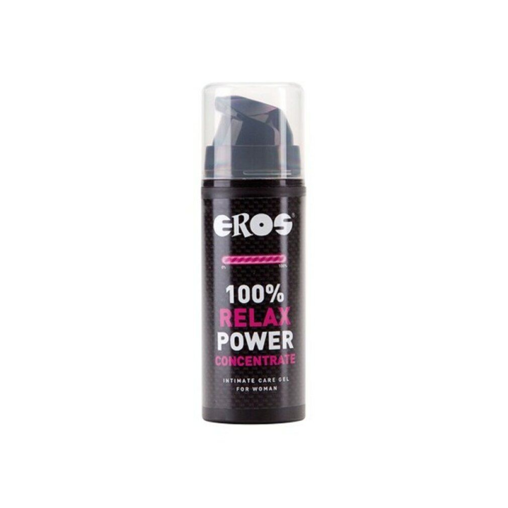 Flacone scuro con dosatore. Scritta: EROS, 100% RELAX POWER CONCENTRATE, Intimate Care Gel for Women.