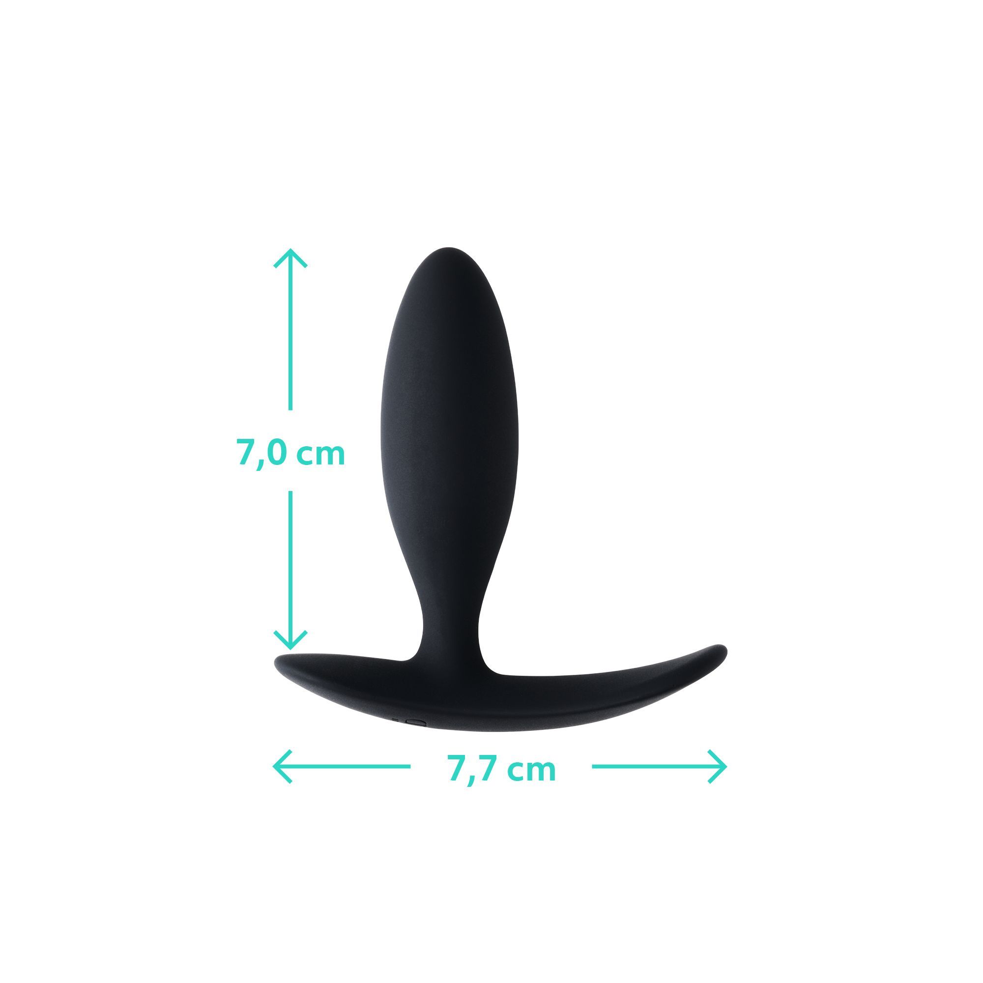 Anal plug nero con dimensioni: 7,0 cm di altezza, 7,7 cm di larghezza.
